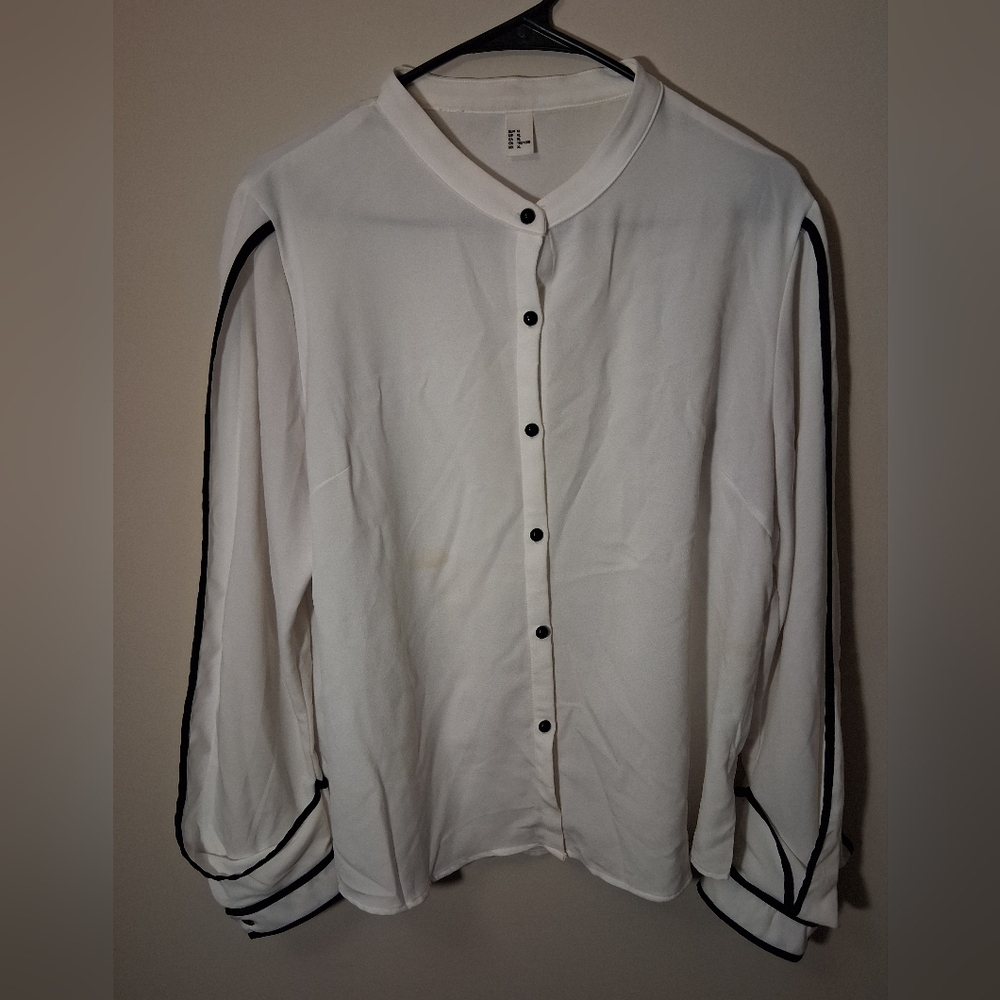 H&M White Button-Up Blouse with Black Trim